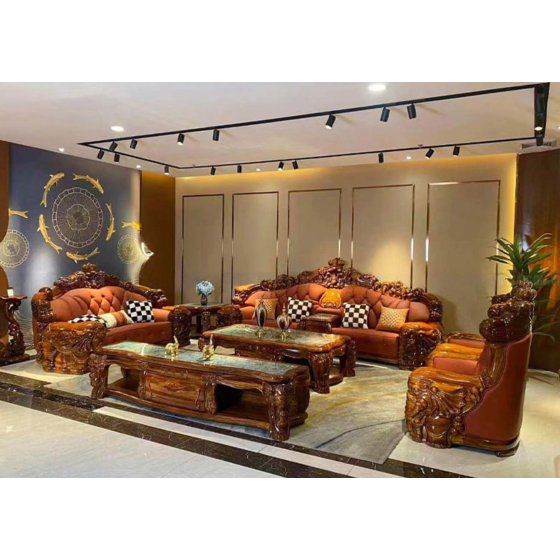 Sofa Tân Cổ Điển Da Bò Ý Gỗ Mun Cao Cấp SF-8009