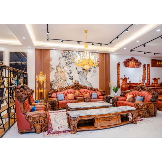 Sofa Tân Cổ Điển Da Bò Ý Gỗ Mun Cao Cấp SF-8009