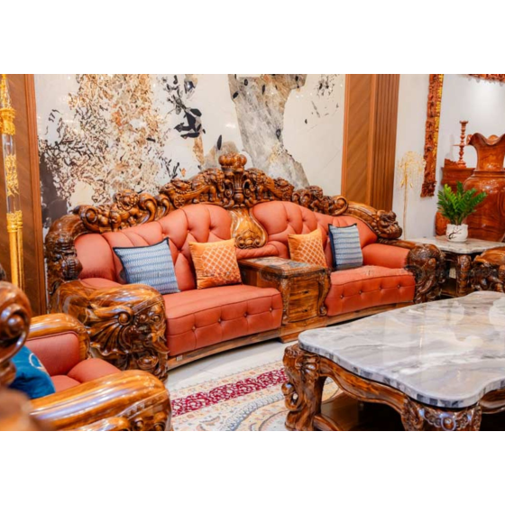 Sofa Tân Cổ Điển Da Bò Ý Gỗ Mun Cao Cấp SF-8009