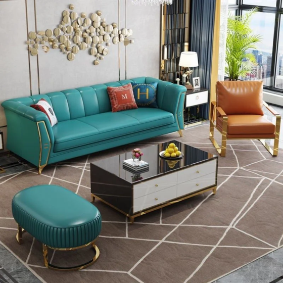 Bộ Sofa da bò tiếp xúc cao cấp , chân inox mạ titan vàng BSF164