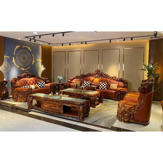 Sofa Tân Cổ Điển Da Bò Ý Gỗ Mun Cao Cấp SF-8009