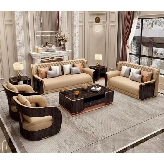 Bộ sofa da bò, gỗ sơn bóng Piano, viền inox mạ titan vàng- BSF205