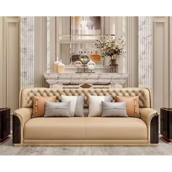 Bộ sofa da bò, gỗ sơn bóng Piano, viền inox mạ titan vàng- BSF205