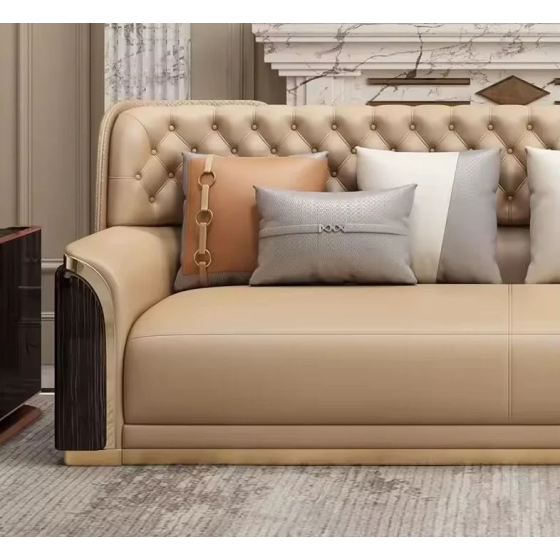 Bộ sofa da bò, gỗ sơn bóng Piano, viền inox mạ titan vàng- BSF205