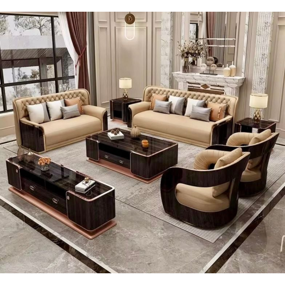 Bộ sofa da bò, gỗ sơn bóng Piano, viền inox mạ titan vàng- BSF205