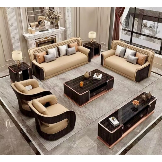 Bộ sofa da bò, gỗ sơn bóng Piano, viền inox mạ titan vàng- BSF205