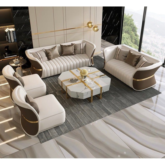 Bộ sofa da phối khác màu mặt trước sau, viền inox mạ vàng cao cấp BSF166