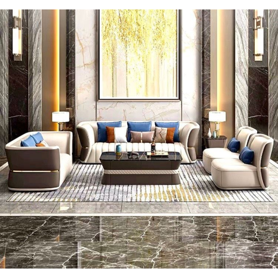 Bộ sofa da phối khác màu mặt trước sau, viền inox mạ vàng cao cấp BSF166
