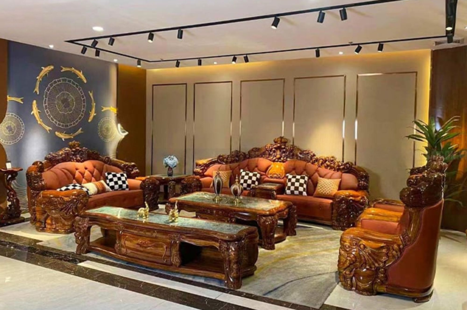 Sofa Tân Cổ Điển Da Bò Ý Gỗ Mun Cao Cấp SF-8009