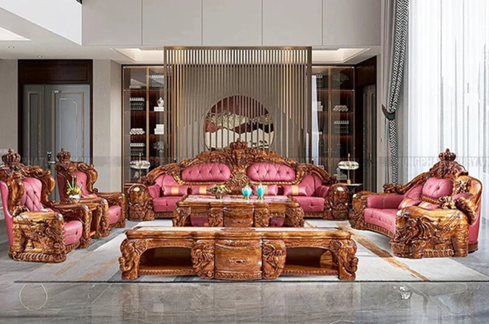 Sofa Tân Cổ Điển Gỗ Mun Đầu Voi Đính Ngọc KW-9988