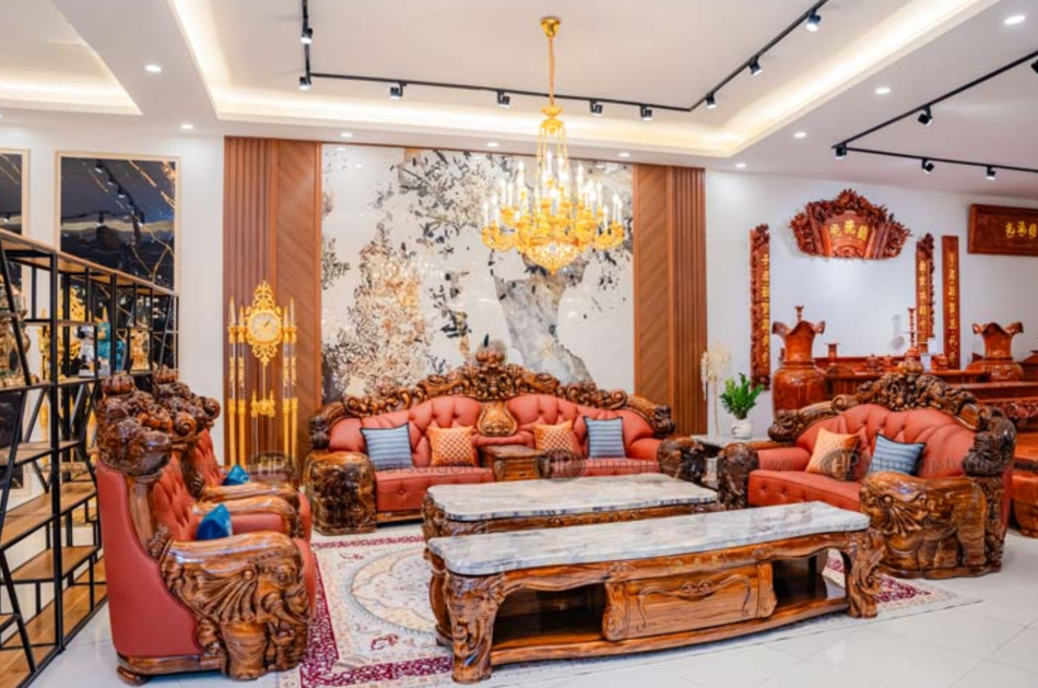 Sofa Tân Cổ Điển Da Bò Ý Gỗ Mun Cao Cấp SF-8009