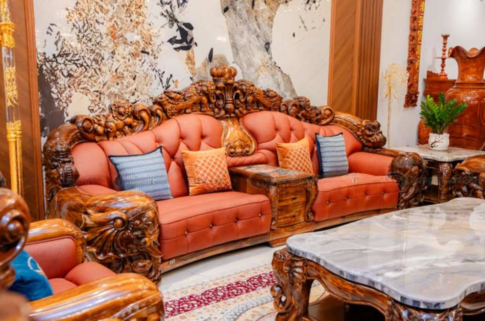 Sofa Tân Cổ Điển Da Bò Ý Gỗ Mun Cao Cấp SF-8009