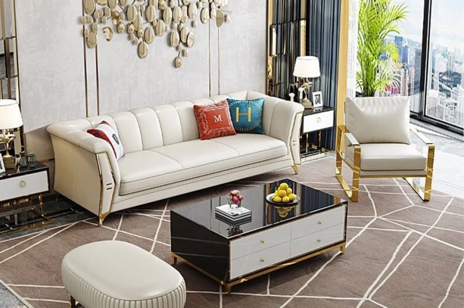Bộ Sofa da bò tiếp xúc cao cấp , chân inox mạ titan vàng BSF164