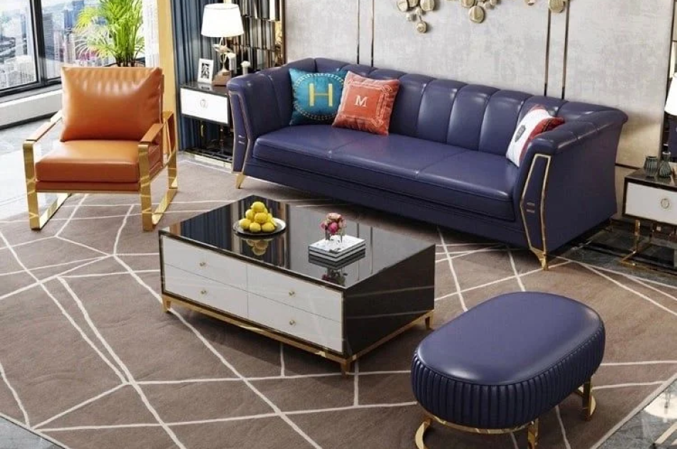 Bộ Sofa da bò tiếp xúc cao cấp , chân inox mạ titan vàng BSF164