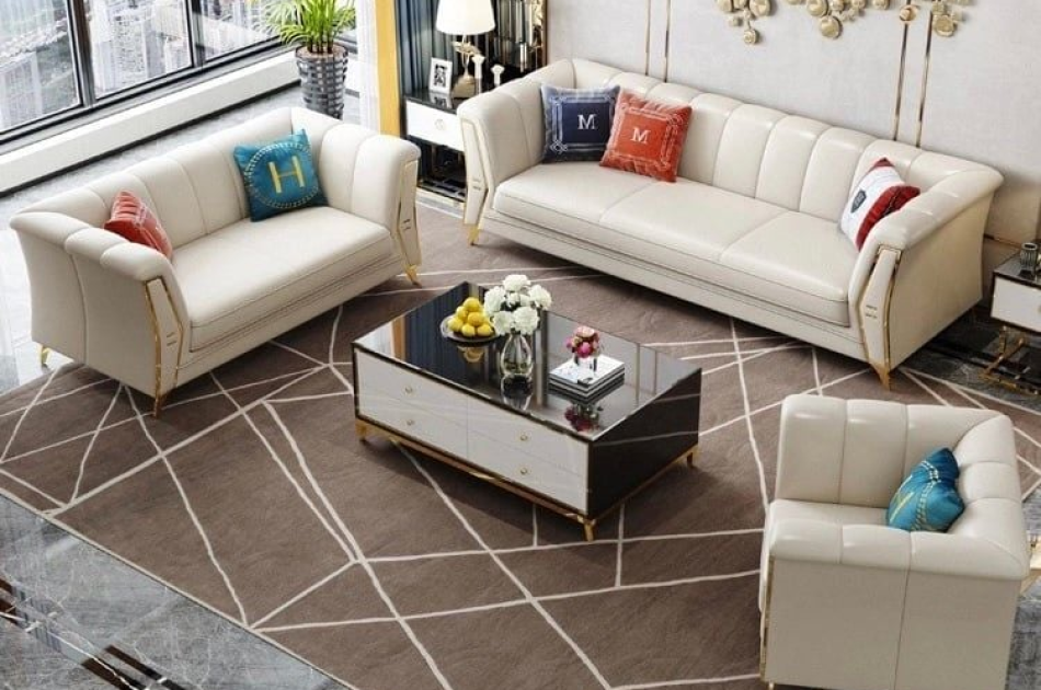 Bộ Sofa da bò tiếp xúc cao cấp , chân inox mạ titan vàng BSF164