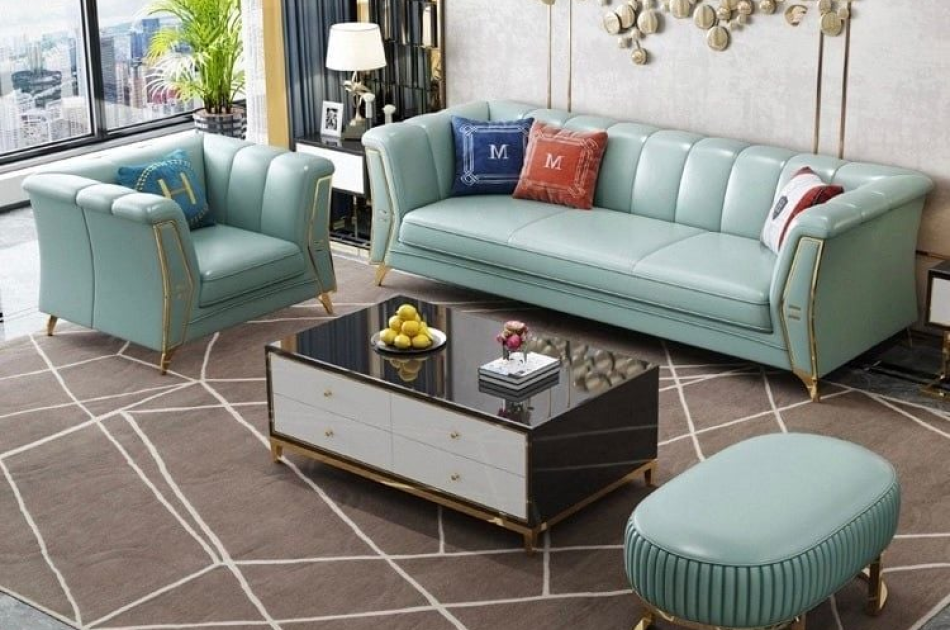 Bộ Sofa da bò tiếp xúc cao cấp , chân inox mạ titan vàng BSF164