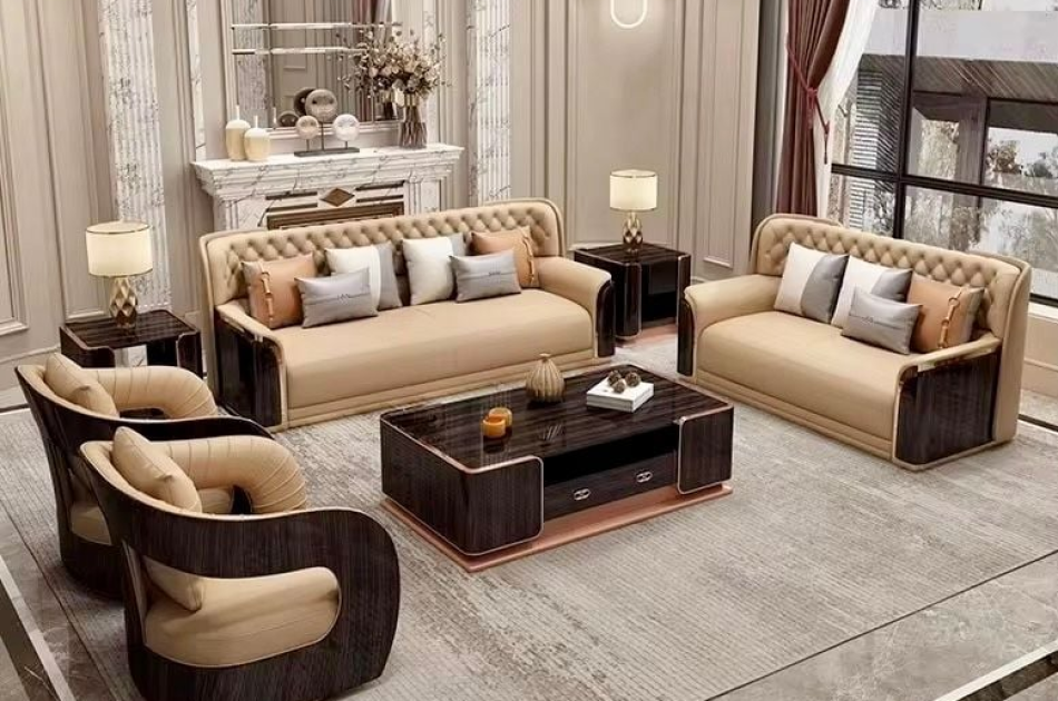 Bộ sofa da bò, gỗ sơn bóng Piano, viền inox mạ titan vàng- BSF205