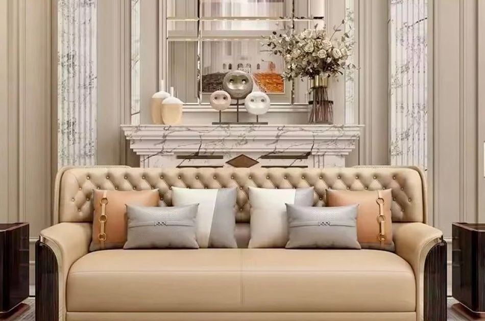Bộ sofa da bò, gỗ sơn bóng Piano, viền inox mạ titan vàng- BSF205