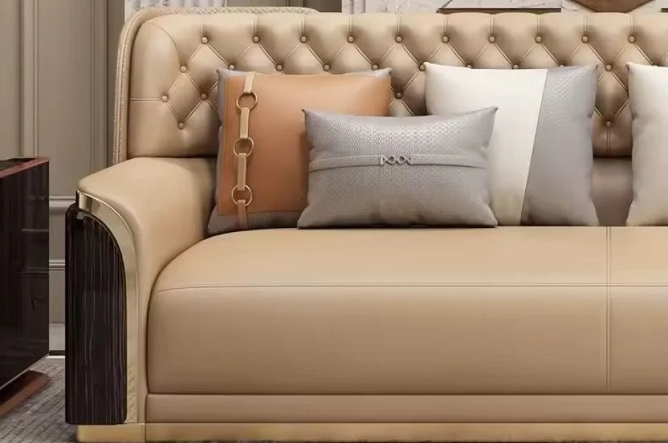 Bộ sofa da bò, gỗ sơn bóng Piano, viền inox mạ titan vàng- BSF205