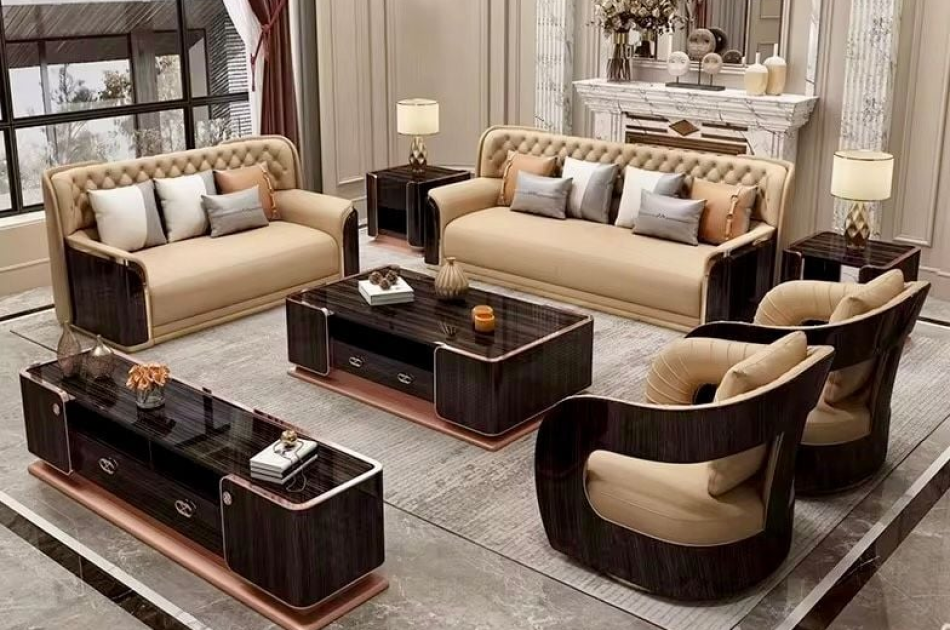 Bộ sofa da bò, gỗ sơn bóng Piano, viền inox mạ titan vàng- BSF205