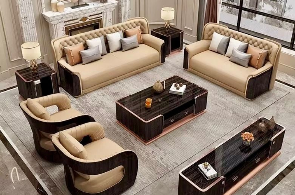 Bộ sofa da bò, gỗ sơn bóng Piano, viền inox mạ titan vàng- BSF205