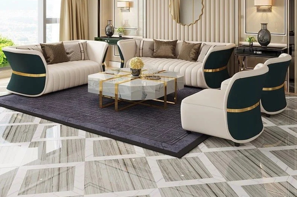 Bộ sofa da phối khác màu mặt trước sau, viền inox mạ vàng cao cấp BSF166