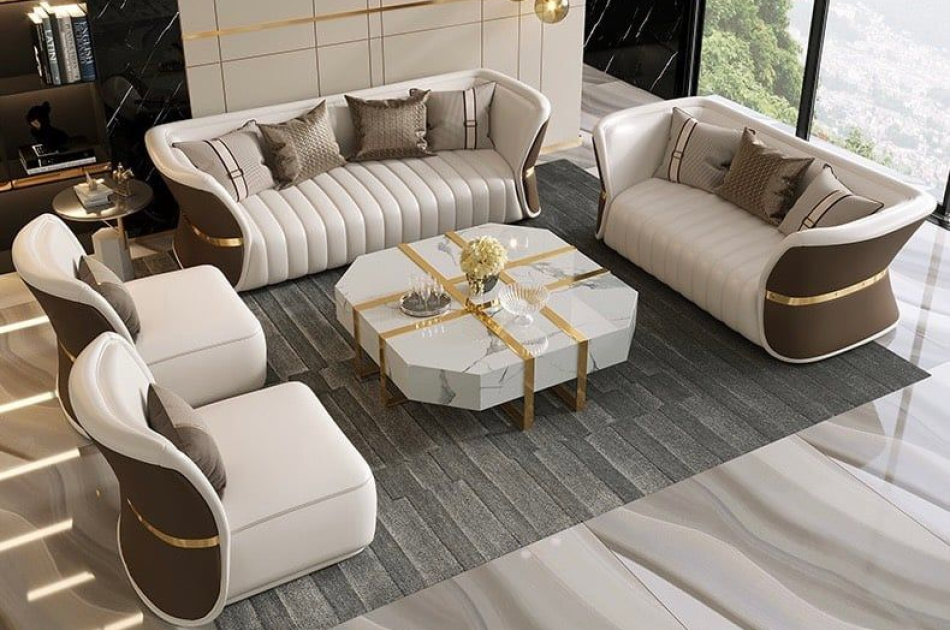 Bộ sofa da phối khác màu mặt trước sau, viền inox mạ vàng cao cấp BSF166