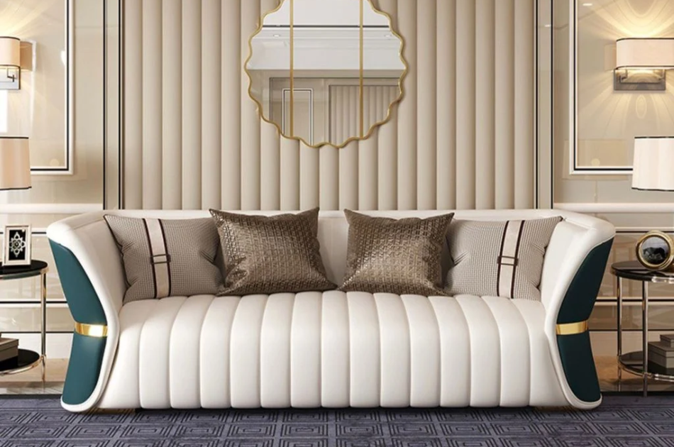 Bộ sofa da phối khác màu mặt trước sau, viền inox mạ vàng cao cấp BSF166