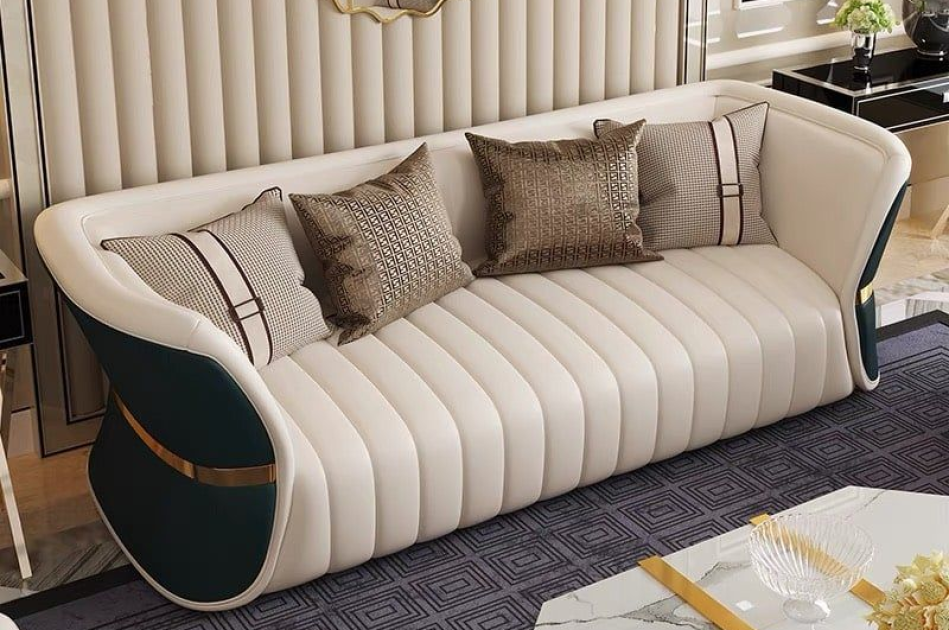 Bộ sofa da phối khác màu mặt trước sau, viền inox mạ vàng cao cấp BSF166