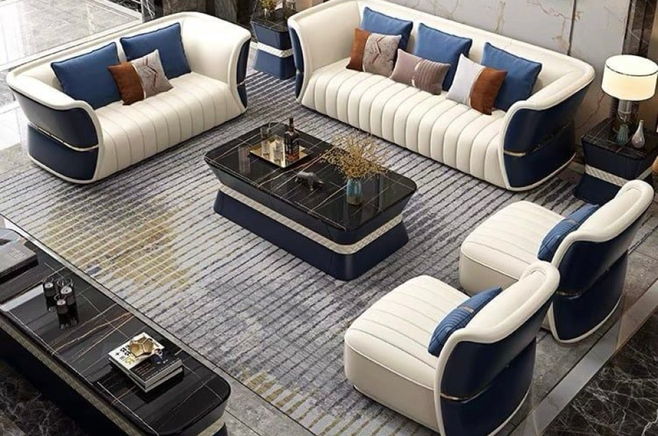 Bộ sofa da phối khác màu mặt trước sau, viền inox mạ vàng cao cấp BSF166