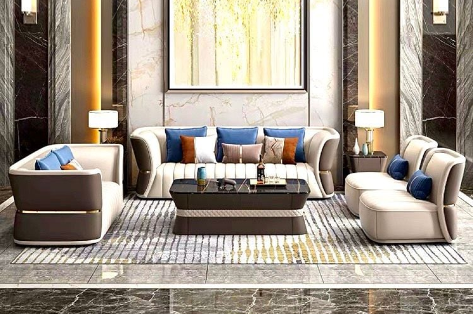 Bộ sofa da phối khác màu mặt trước sau, viền inox mạ vàng cao cấp BSF166