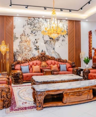 Sofa Tân Cổ Điển Da Bò Ý Gỗ Mun Cao Cấp SF-8009