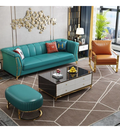 Bộ Sofa da bò tiếp xúc cao cấp , chân inox mạ titan vàng BSF164