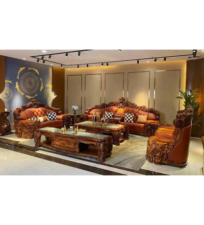 Sofa Tân Cổ Điển Da Bò Ý Gỗ Mun Cao Cấp SF-8009