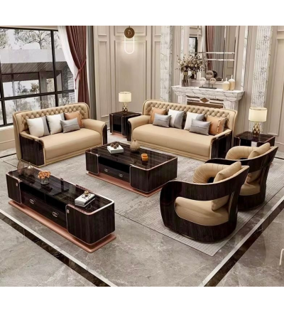 Bộ sofa da bò, gỗ sơn bóng Piano, viền inox mạ titan vàng- BSF205