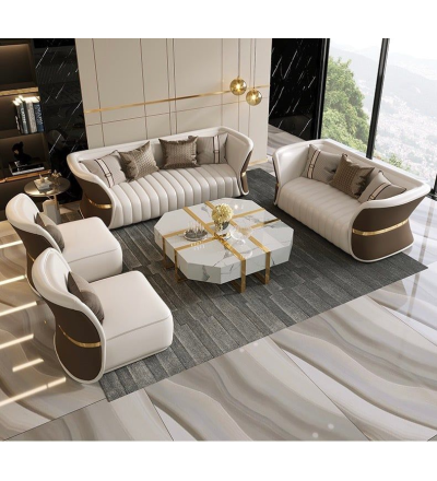 Bộ sofa da phối khác màu mặt trước sau, viền inox mạ vàng cao cấp BSF166
